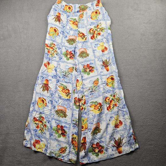 Flowy Pants Womens Small Pull On Peaches Fruit Print Cottage White Blue - Picture 1 of 10